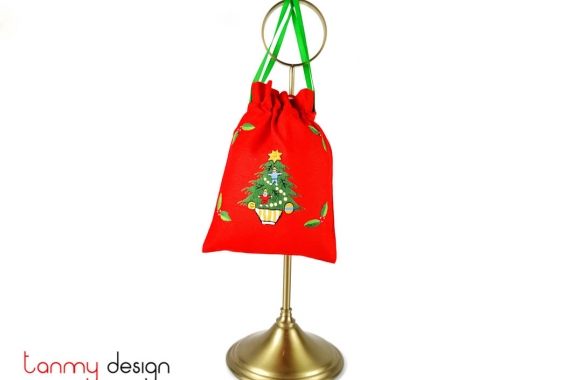   Túi quà Noel đỏ thêu tay cỡ nhỏ-thêu thông mỹ